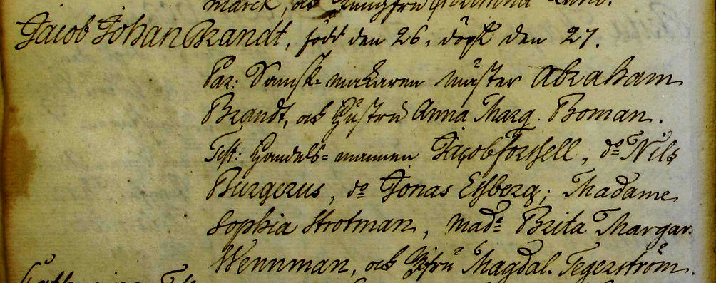 Udsnit af kirkebog, Daab af Jacob Johan Brandt